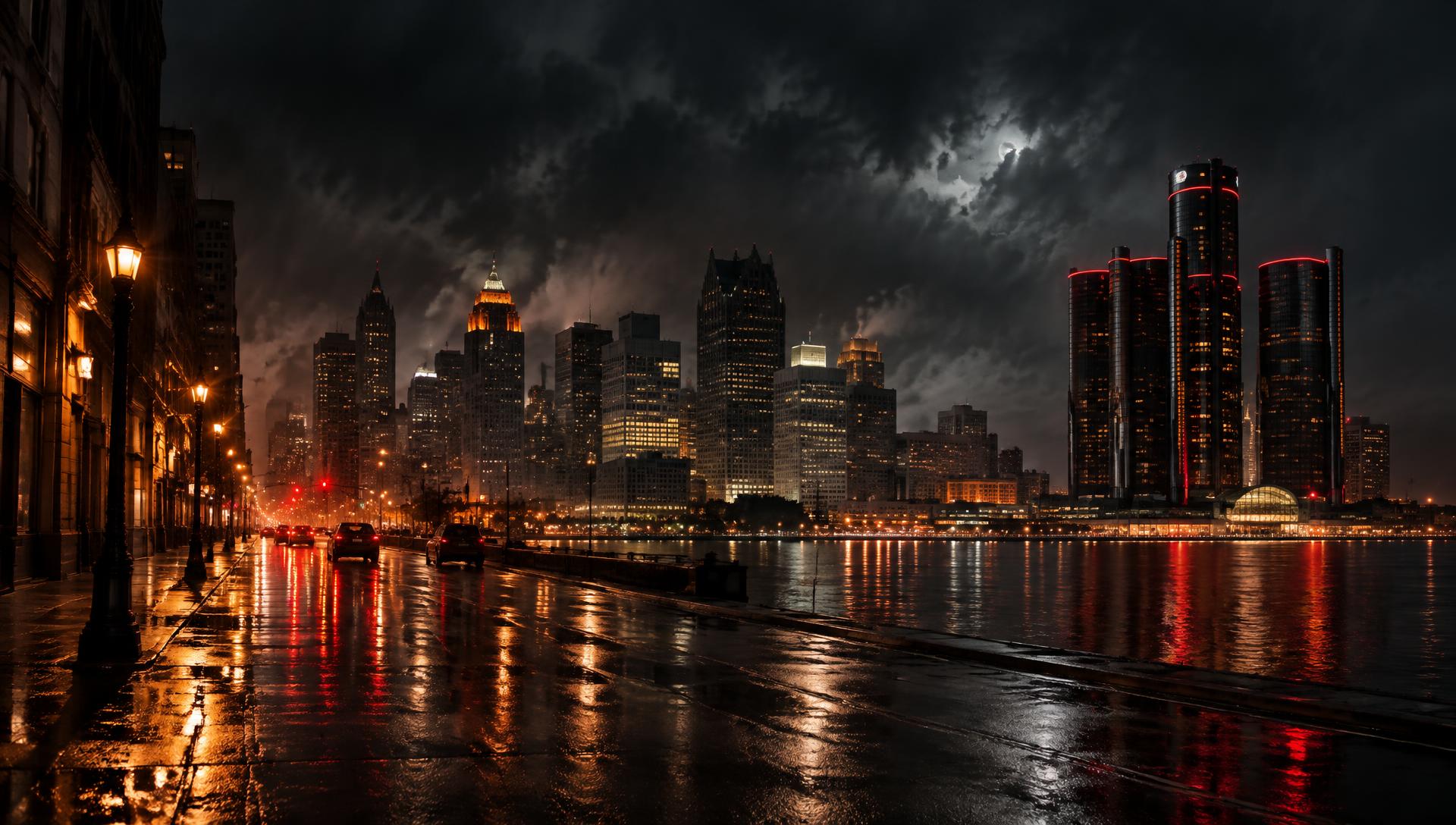 Rain-soaked Detroit skyline at night