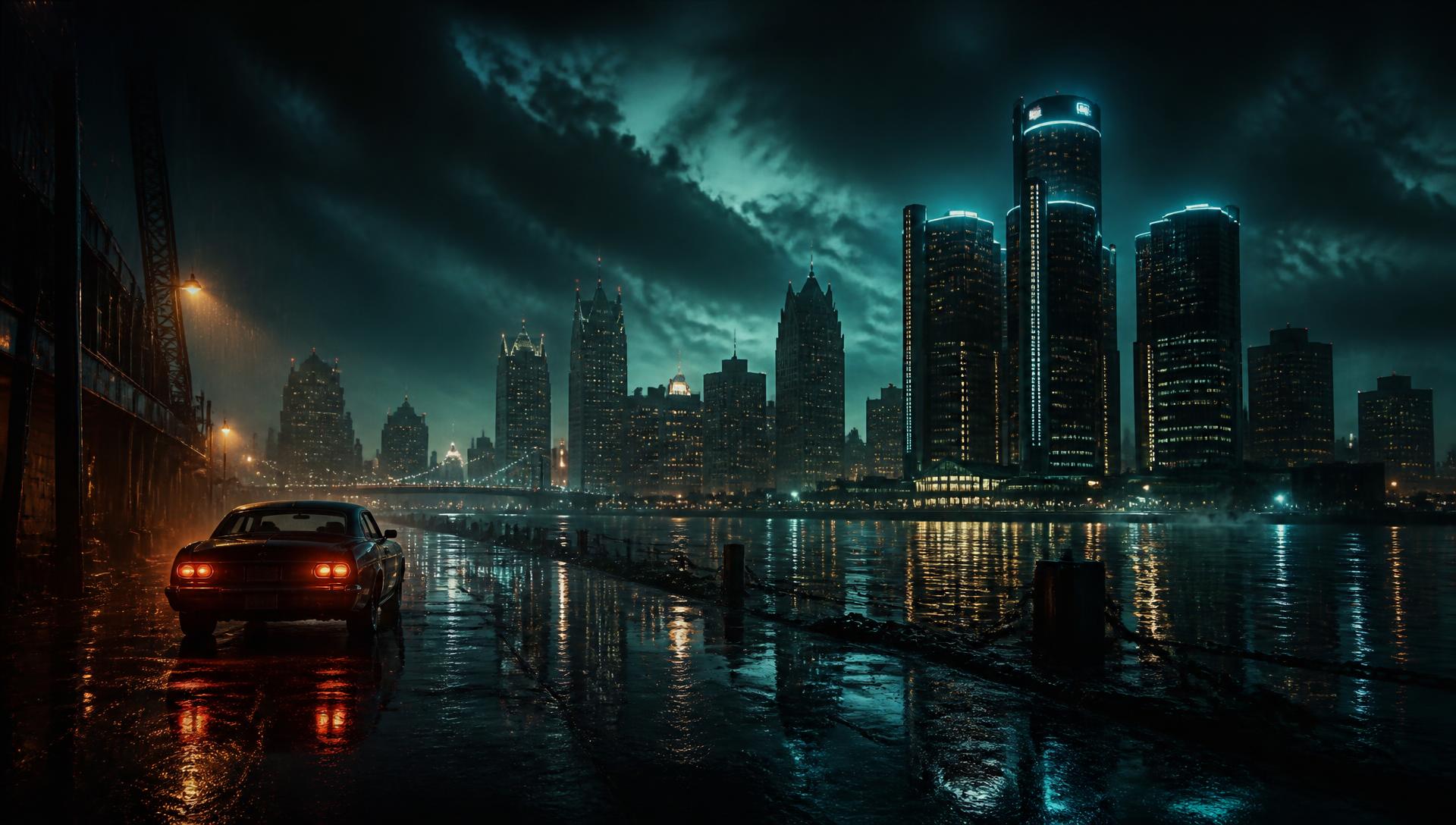 Rain-soaked Detroit skyline at night